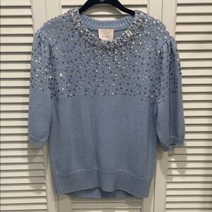 Cinq a Sept Powder Blue Sequin Knit Short-Sleeve Sweater